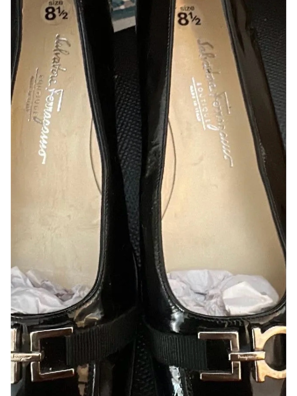 Salvatore Ferragamo Black Patent Leather Ballet Flats With Gold Buckle